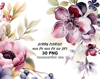 Watercolor Berry Florals Clipart Bundle Purple Border Burgundy Flower wreath Violet bouquet wedding invitation floral png digital leaves