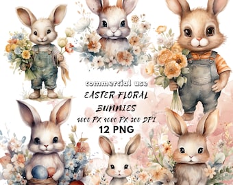 Lindo conejito floral clipart / diario basura / conejito de Pascua png / 12 PNGs de alta calidad / conejito de primavera / acuarela lindo clipart de Pascua