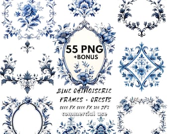 Cornici e stemmi cinesi blu / Clipart PNG ornate (download digitale)