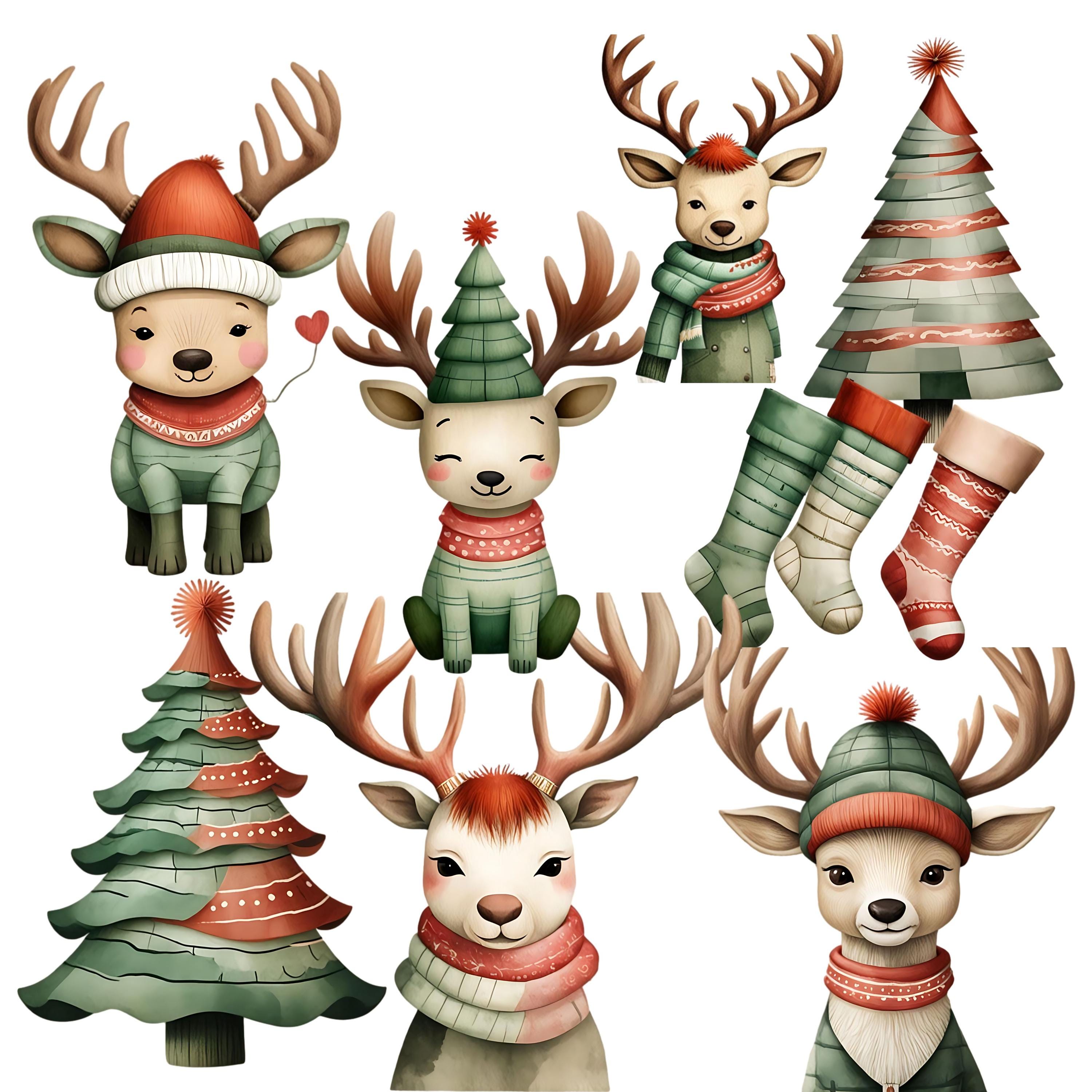 Watercolor Reindeer Clipart Bundle: Christmas PNG Graphics (digital ...