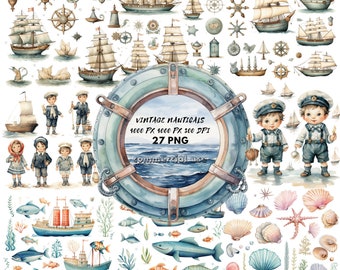Vintage Nauticals Watercolor Clipart  Whimsical Ocean sea life, Sailboat, Sailor, Anchor PNG for Scrapbooking & Junk Journal Crafts