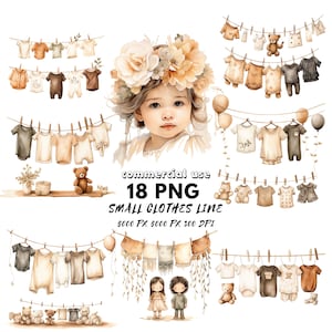 Babykleding | Clipart babyjongen meisje waslijn | Waslijn voor baby's | Commercieel gebruik | Babyshower | Hangende kleding