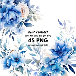 Pacote de clipart aquarela florido azul azul Coroas de flores silvestres Buquê de borda PNG Greenery Clipart de casamento Papercraft, junk journals