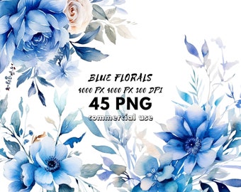 Blue flowerful Watercolor clipart bundle blue Wild Floral wreaths Border  bouquet PNG Greenery Wedding clipart Papercraft, junk journals