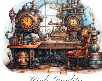 Steampunk Decor Clipart PNG Watercolor Scrapbook Commercial Use Steampunk Style Fantasy Image Clipart Bundle