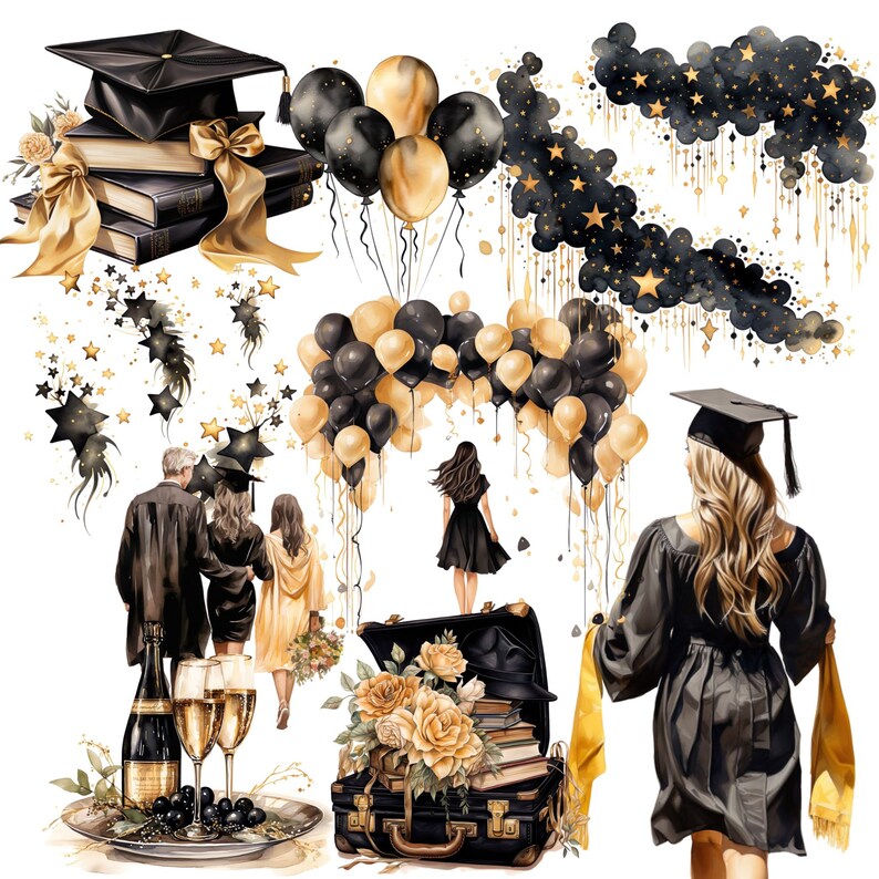 K&ouml;nnte beinhalten: Eine Aquarell-Illustration zum Thema Abschluss mit einer schwarzen Abschluss-Kappe, einer schwarzen Abschluss-Robe, einem Koffer mit einem Strau&szlig; gelber Blumen und einem schwarzen und goldenen Ballonbogen. Die Illustration enth&auml;lt auch eine Flasche Champagner und zwei Champagnergl&auml;ser.