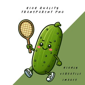 May include: A cartoon cucumber with a smiling face holds a tennis racket. The cucumber is wearing white sneakers and is running towards the right side of the image.