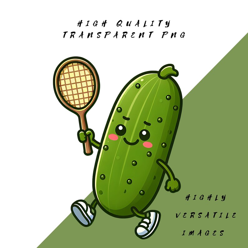 May include: A cartoon cucumber with a smiling face holds a tennis racket. The cucumber is wearing white sneakers and is running towards the right side of the image.