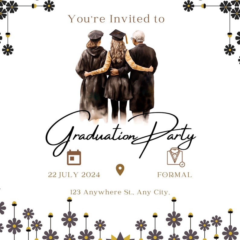 K&ouml;nnte beinhalten: Eine Einladung zu einer Abschlussfeier mit einer Aquarell-Illustration von drei Personen in Abschlusskappen und -roben. Der Text lautet "You're Invited to Graduation Party", "22 JULY 2024", "FORMAL" und "123 Anywhere St., Any City."