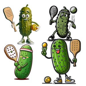 May include: Four cartoon pickle characters playing different sports. One pickle is playing pickleball, another is playing tennis, another is playing paddleball, and the last one is playing a game with a ball and a paddle.