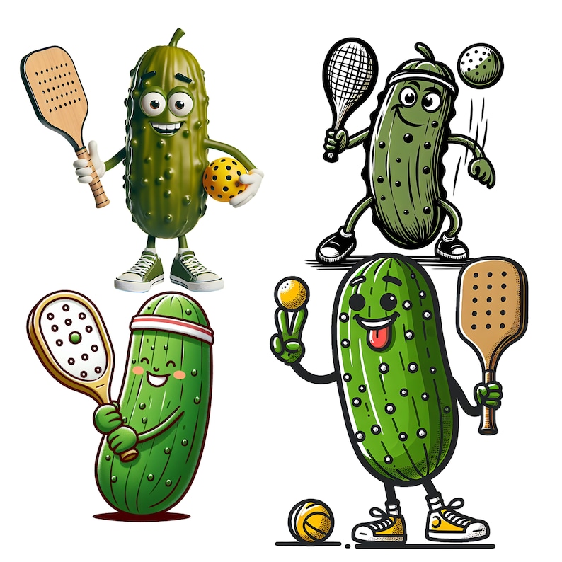May include: Four cartoon pickle characters playing different sports. One pickle is playing pickleball, another is playing tennis, another is playing paddleball, and the last one is playing a game with a ball and a paddle.