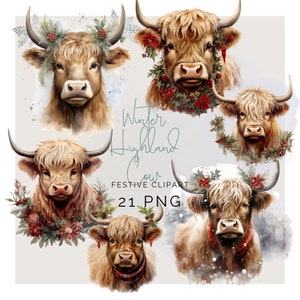 Boerderijdier | Highland Cow Boho Bloemen Feestelijk| Digitale download | Schattige hooglandkoe | Kunstzinnige Schotse Hooglanders | Hooglandkoe met kerst