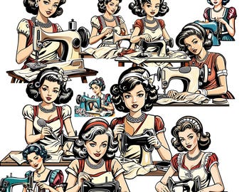 Vintage Sewing Machine Clipart: Retro Housewives, Scrapbook Graphics (Digital Download)