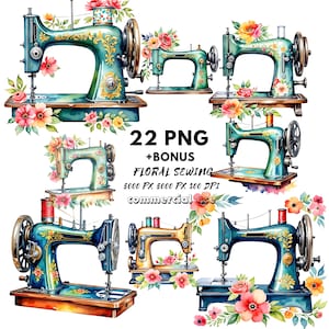 Floral Vintage Sewing Machine Clipart - Watercolor Graphics for DIY Projects - Instant Download PNG