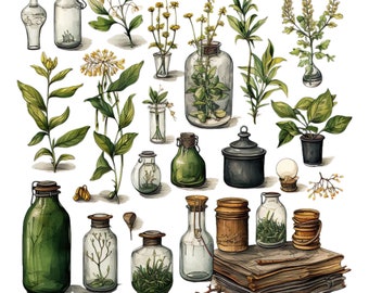 Boticario clipart Brujería herbaria acuarela bruja verde Boticario vintage Tierra bruja bosque cabaña plantas y hierbas Scrapbooking