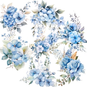 Dusty Blue Floral PNG, Aquarell Blumen Hortensien und Vergissmeinnicht Clipart Blumensträuße, Elemente, vorgefertigte Clipart, digitale Clipart PNG