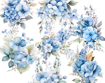 Dusty Blue Floral PNG, Watercolor floral  Hydrangea and forgetmenot  Clipart Bouquets, Elements, Premade Clipart, Digital Clipart PNG