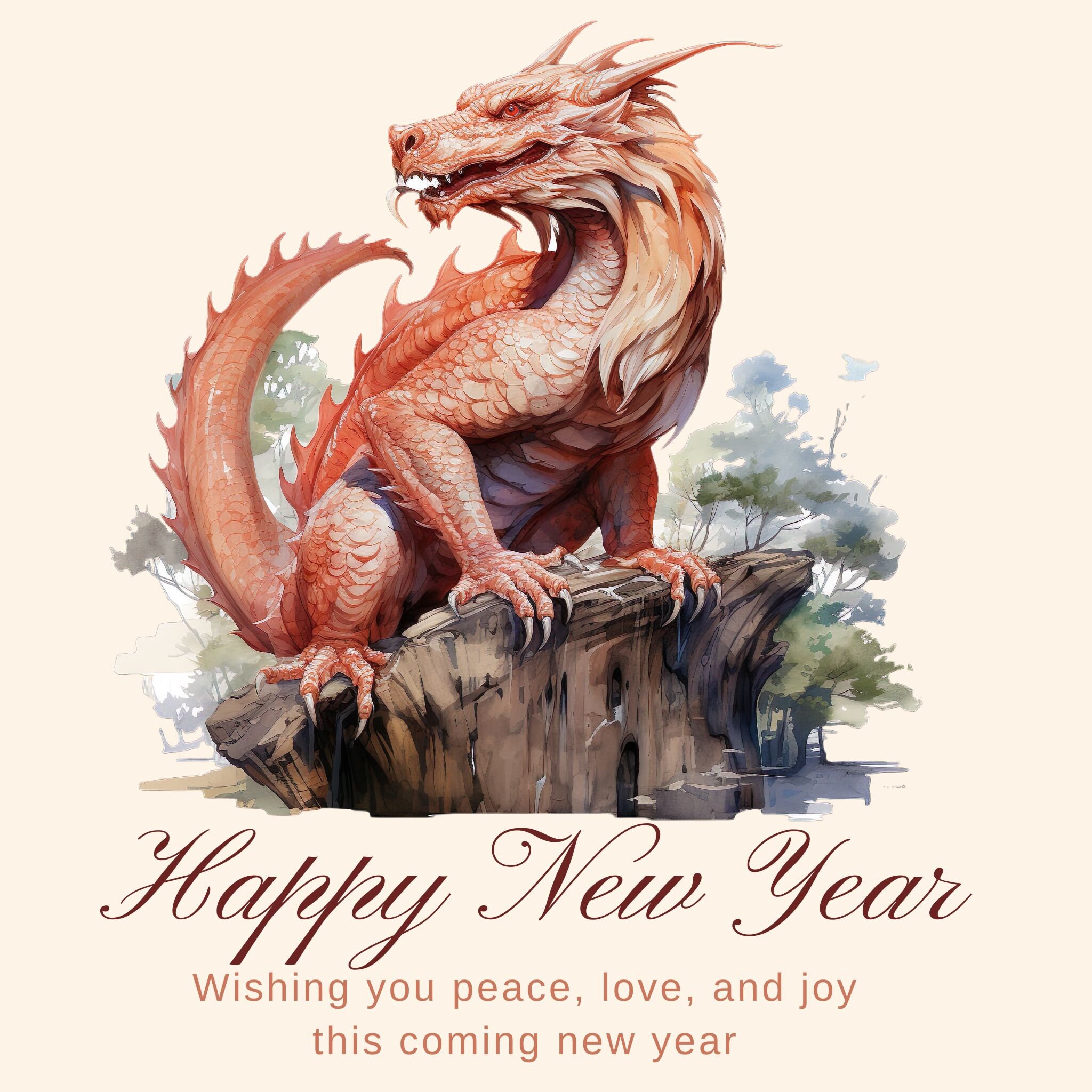 Wood Dragon Chinese Zodiac 2024 PNG Watercolor New Year Dragon Clipart Dragon Wood Fantasy