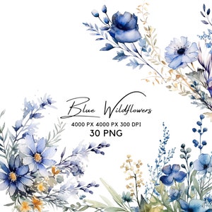 Dusty Blue Roses Clipart - Watercolor Floral Borders - Wedding Invitations - Digital Download