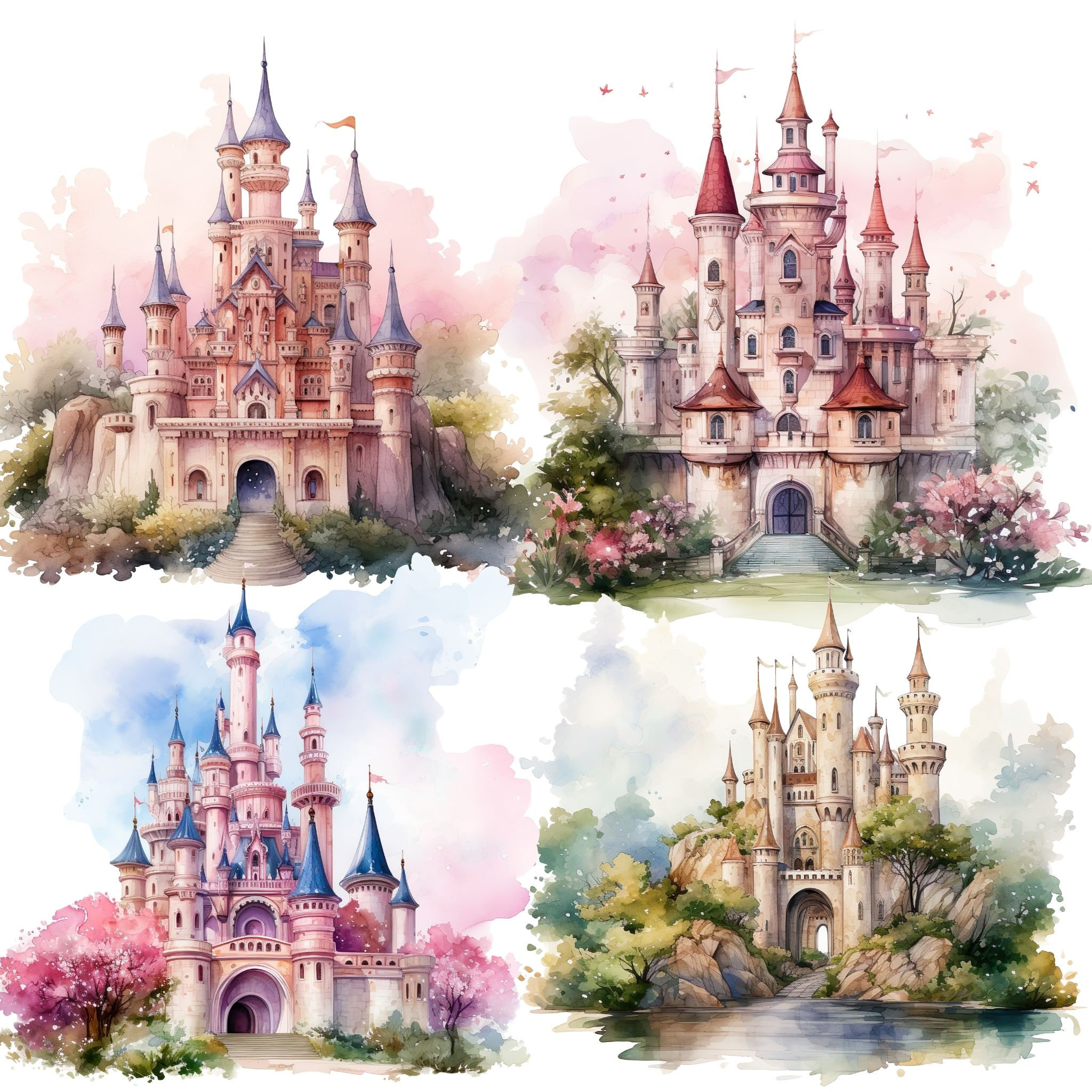 Castle PNG Bundle Fairy Pink Princess & Magic Watercolor Castle Clipart ...
