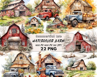Barn Farm Clipart Bundle Farm life animals truck PNG Watercolor Farmhouse Seasons barn Design Prints for Sublimation Commercial Use