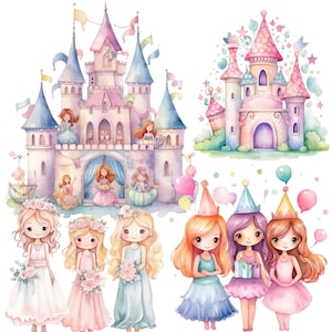 Aquarel prinses magische kasteel clipartbundel roze gekleurde schattige verjaardag Magic Kingdom prinses png uitnodiging kinderfeestje plakboek