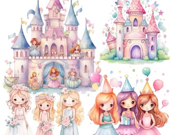 Watercolor Princess  Magic castle clipart bundle  Pink colored cute Birthday Magic Kingdom princess png  Nursery party invitation Scrapbook