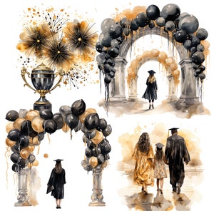 K&ouml;nnte beinhalten: Eine Aquarell-Illustration von Abschlussszenen. Die erste Szene zeigt eine goldene Troph&auml;e mit schwarz-wei&szlig;en Streifen und einen schwarzen und goldenen Ballonbogen. Die zweite Szene zeigt einen schwarzen Ballonbogen mit einer Person in einer schwarzen Abschlussrobe, die hindurchl&auml;uft. Die dritte Szene zeigt eine dreik&ouml;pfige Familie in Abschlussroben, die von einem schwarzen und goldenen Ballonbogen weggeht.