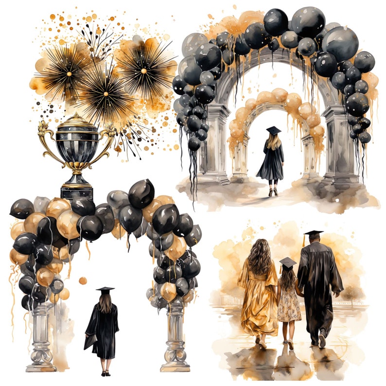 K&ouml;nnte beinhalten: Eine Aquarell-Illustration von Abschlussszenen. Die erste Szene zeigt eine goldene Troph&auml;e mit schwarz-wei&szlig;en Streifen und einen schwarzen und goldenen Ballonbogen. Die zweite Szene zeigt einen schwarzen Ballonbogen mit einer Person in einer schwarzen Abschlussrobe, die hindurchl&auml;uft. Die dritte Szene zeigt eine dreik&ouml;pfige Familie in Abschlussroben, die von einem schwarzen und goldenen Ballonbogen weggeht.