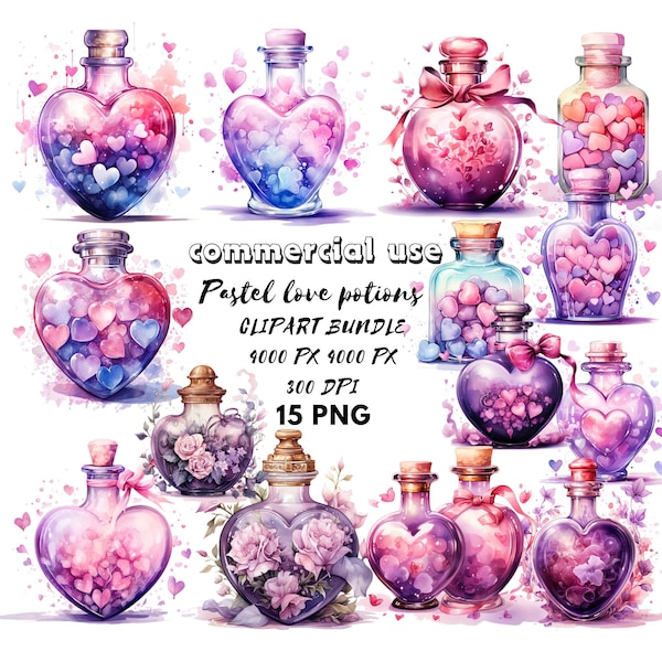 Acuarela pastel poción de amor clipart Pociones mágicas aman PNG para uso comercial Boticario de brujas y magos Botella de brujería PNG