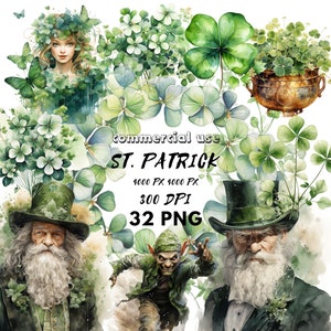 May include: A digital illustration set featuring St. Patrick's Day themed imagery. The set includes a leprechaun, two bearded men wearing top hats, a woman with a crown of leaves, and various green shamrocks. The text "Commercial Use, St. Patrick, 4000 px 4000 px, 300 DPI, 32 PNG" is included in the image.