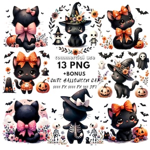 Süße Kawaii Halloween Katze PNG - Entzückende Hexe Kitty Clipart für Sublimation - Gruselige Jahreszeit Digitaler Download