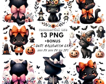 Kawaii Halloween Cat Clipart: Witch Kitty PNG (Digital Download)