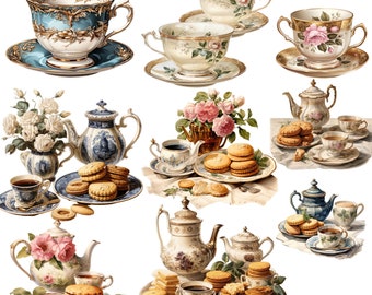 Vintage tea clipart Tea clipart  50  PNg bundle High party Teapots Teacups Teand biscuits PNG Tea ladies Black Green White HEarbal tea PNG