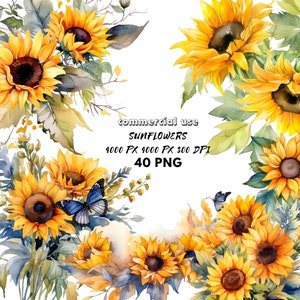 Bundle de clipart aquarelle tournesol jaune floral papillon fleur de soleil PNG frontière couronne bouquet floral jaune sublimation mariage