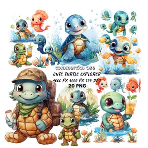 20 Baby Turtle PNG, animated sublimation, kawaii sea cute baby watercolor turtle sublimation clipart, small ocean animal