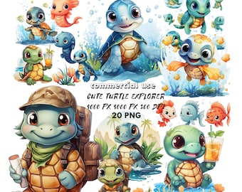 20 Kawaii Baby Turtle PNG Clipart, Watercolor Sea Animals (Digital Download)