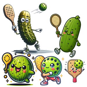 May include: Four cartoon characters playing pickleball. A green pickle with a smiling face holds a paddle and a green ball. Another pickle holds a tennis racket. A green ball with a smiling face holds a paddle and a green ball. A wooden paddle with a smiling face holds a green ball.