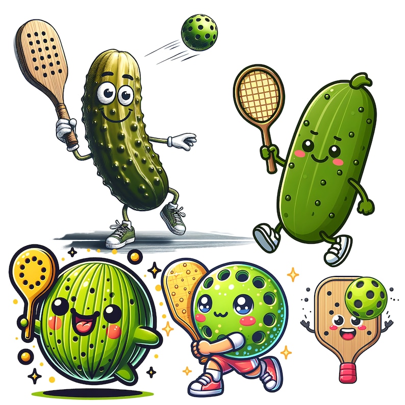 May include: Four cartoon characters playing pickleball. A green pickle with a smiling face holds a paddle and a green ball. Another pickle holds a tennis racket. A green ball with a smiling face holds a paddle and a green ball. A wooden paddle with a smiling face holds a green ball.