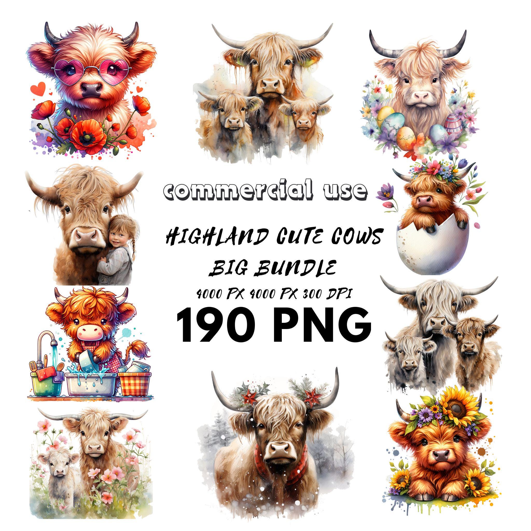 Highland Cow Watercolor Clipart Bundle, Rustic Farmhouse PNG Elements ...