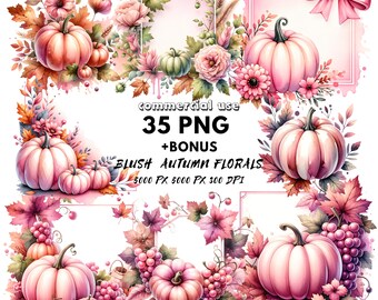 Blush Pink Pumpkin Clipart: Floral Fall PNG (Commercial Use)