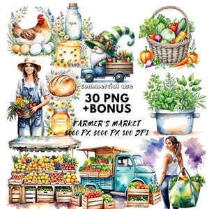 Farmers Market Clipart, Watercolor PNG, Digital Download for Crafting, Fruits & Vegetables, Commercial Use