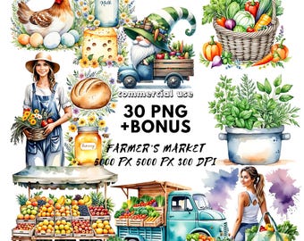 Farmers Market Clipart, Watercolor PNG, Digital Download for Crafting, Fruits & Vegetables, Commercial Use