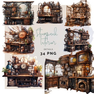 Steampunk Decor Clipart PNG Watercolor Scrapbook Commercial Use Steampunk Style Fantasy Image Clipart Bundle Steampunk Graphics Cyberpunk