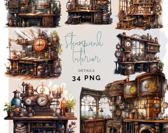 Steampunk Decor Clipart PNG Watercolor Scrapbook Commercial Use Steampunk Style Fantasy Image Clipart Bundle Steampunk Graphics Cyberpunk