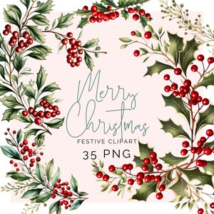 Couronne de Noël Clipart festif aquarelle feuillage d'hiver baies rouges gui png transparent carte de vacances png