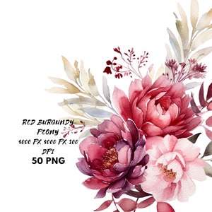 Aquarell Pfingstrose Clipart Bundle, rote & weinrote Blumen, Pfingstrosen PNG, Hochzeitsränder, Kränze, Straußecken