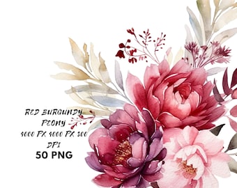 Watercolor Peony Clipart Bundle, Red & Burgundy Florals, Peonies Roses PNG, Wedding Borders, Wreaths, Bouquet Corners