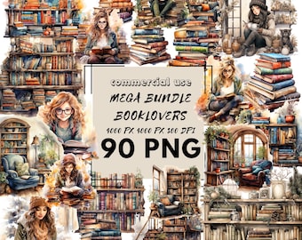 90 Books clipart bundle Watercolor Stack of books bookshelf library Booklover Bookworm PNG Reading nook Book shelf Education Illustrations
