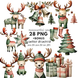 Quirky Reindeer Clipart Bundle - Watercolor Christmas Elements - Funny Reindeer PNG - Perfect for Scrapbooking Projects